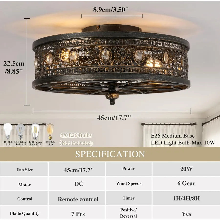 Caged Ceiling Fans with Lights Vintage Victorian Rustic Crystal Fandelier Low Profile Flush Mount Small Enclosed Bladeless Ceil