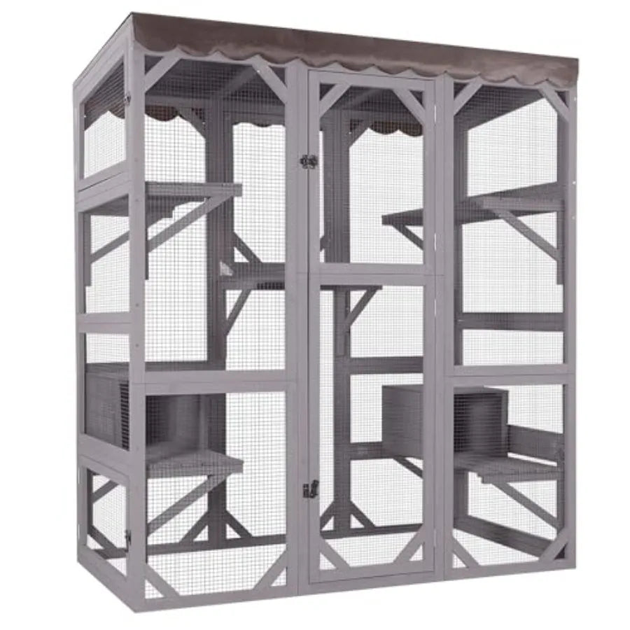 Outdoor Catio Large Cat Enclosure Wooden Cat House Playpen with Door Kitty Cage Waterproof Cover Brown Durable and Weatherproof