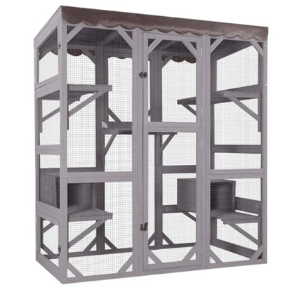 Outdoor Catio Large Cat Enclosure Wooden Cat House Playpen with Door Kitty Cage Waterproof Cover Brown Durable and Weatherproof