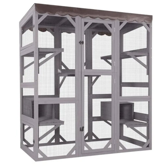 Outdoor Catio Large Cat Enclosure Wooden Cat House Playpen with Door Kitty Cage Waterproof Cover Brown Durable and Weatherproof