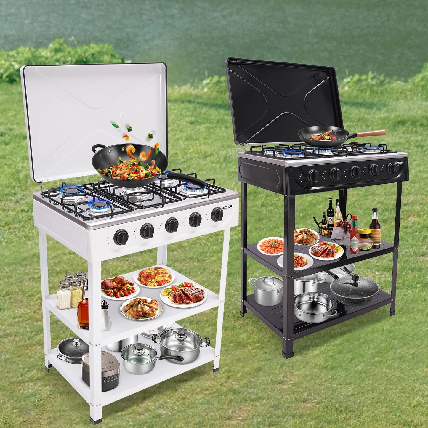 5 Burner Gas Stove for Outdoor Camping with 2 Tier Storage Rack Ideal for Cooking and BBQ