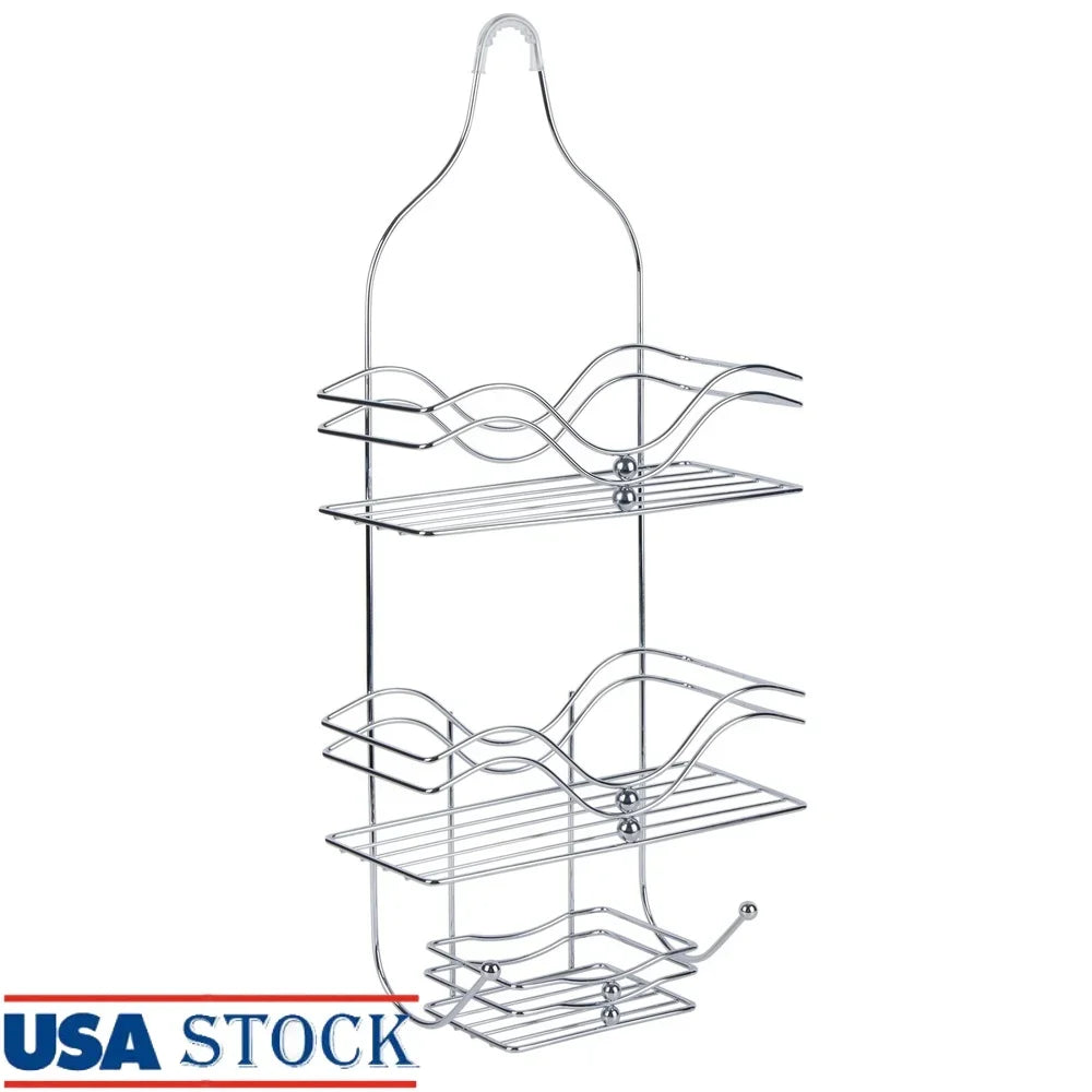2 Tier Metal Shower Caddy with Hooks Durable Rust Resistant Chrome Finish Hanging Organizer Bathroom Storage