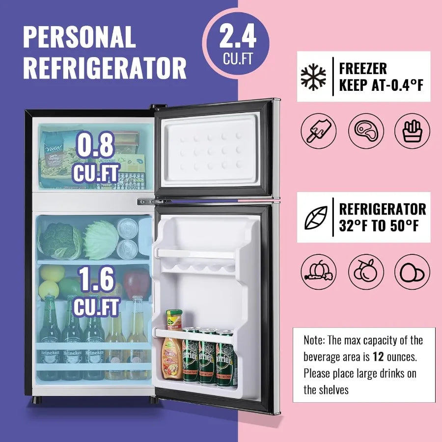 2.4 Cu.Ft Small Refrigerator with Freezer Featuring Removable Plastic Shelves Compact Design Ideal for Home Office Dormitory or