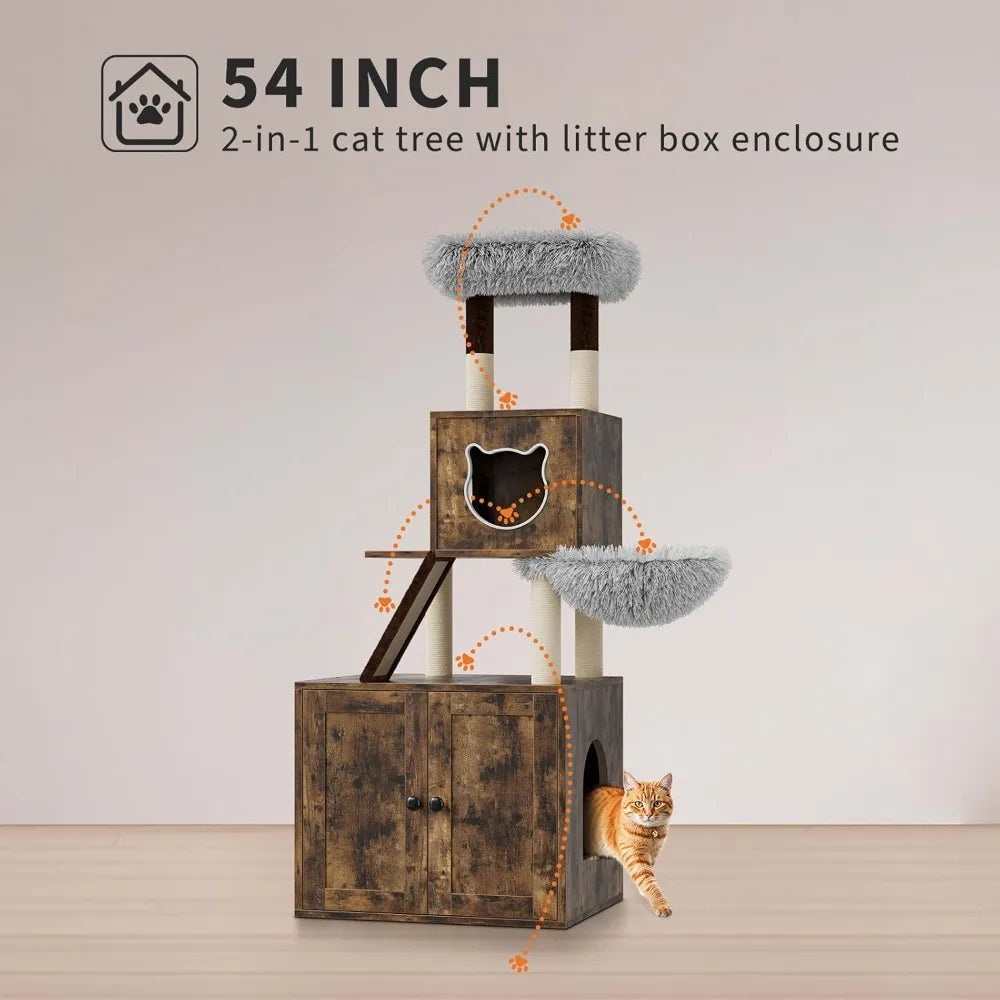 Modern 57.5-Inch Large Cat Tower with Litter Box Enclosure, Condo, Hammock, Scratching Post, and Play Area for Indoor Cats