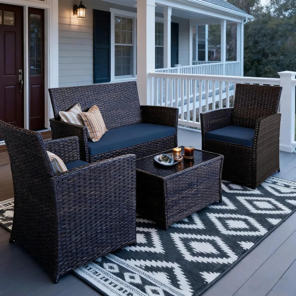 Patio Furniture Set, Outdoor Wicker Conversation Set, Rattan Sectional Sofa Couch with Glass Coffee Table & Thick Cushio