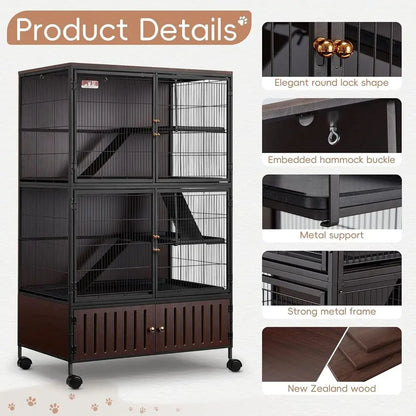 Large 60H Metal Chinchilla Cage with Removable Pan & Double Doors, Indoor Wooden Pet Crate for Small Animals