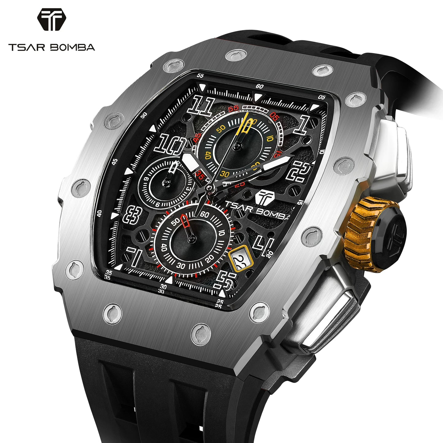 TSAR BOMBA Luxury Tonneau Quartz Watch for Men Japanese Movement, Stainless Steel Case,  Elegant Dress Wristwatch