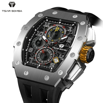 TSAR BOMBA Luxury Tonneau Quartz Watch for Men Japanese Movement, Stainless Steel Case,  Elegant Dress Wristwatch