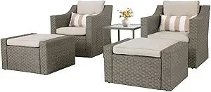 5 Piece Patio Conversation Set Outdoor Furniture Set, Brown Wicker Lounge Chair with Ottoman Footrest, W/Coffee Table & Cushion