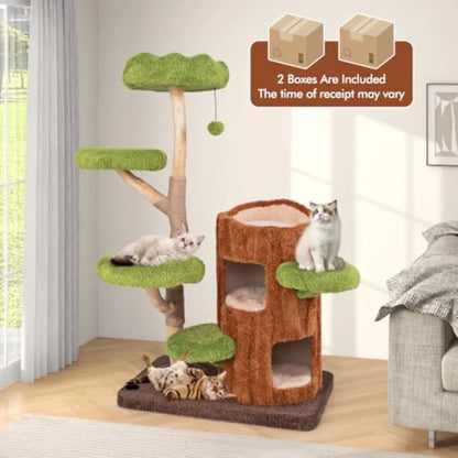 55 Inch Wood Cat Tree Multi-Level Tower for Indoor Cats with Double Decker House Scratching Posts Sisal Board Soft Padded Platf