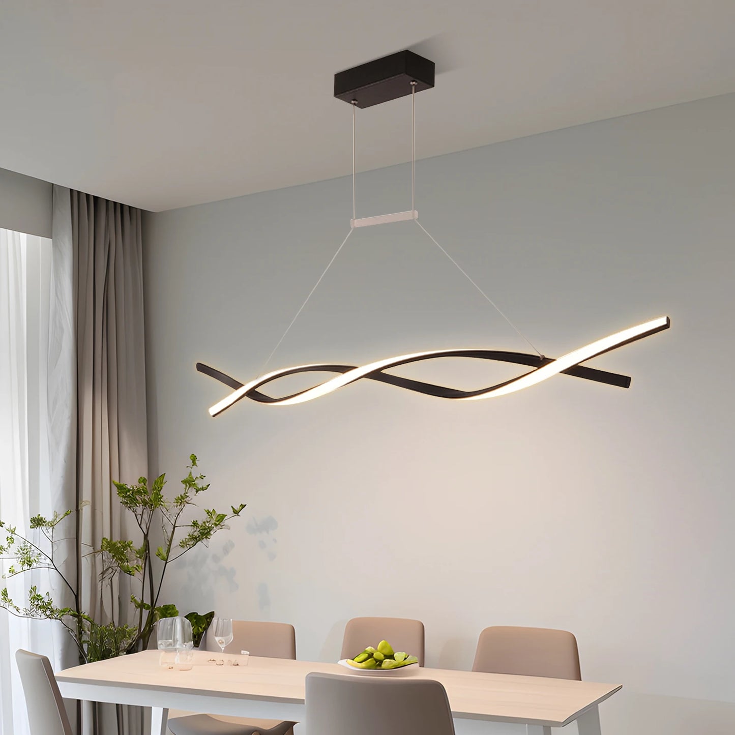 Modern Pendant Light with Remote Control, Black Curved Lines Pendant Light Three Lighting Modes, Pendant Light for Bedrooms