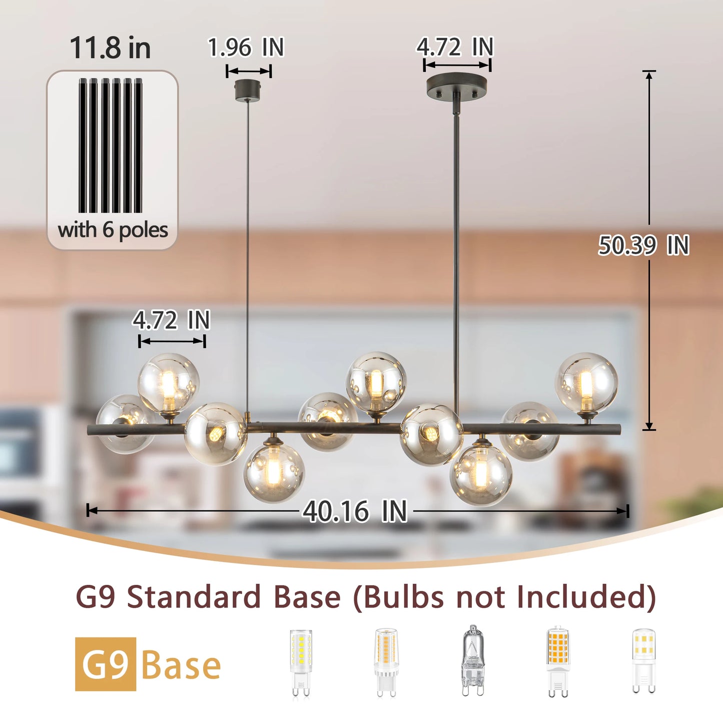 10-Light Matte Black Adjustable Chandelier with Smoked Glass Globe Shades Mid-Century Modern Style Pendant Light for Dining Room