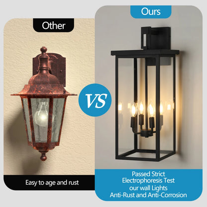 26"H Modern Outdoor Wall Lantern:Black Frame,Clear Glass,4 E12,Weatherproof Porch/Patio(No Bulbs)