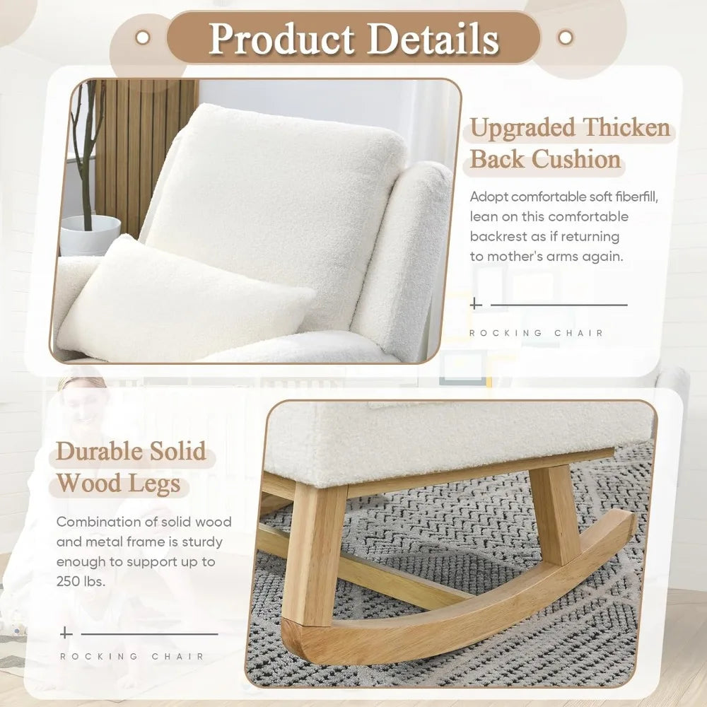 Rocking Glider Chair for Nursery, Wingback Accent Rocker Chair Upholstered Tall Back Arm Chair w/Side Pockets, Modern Leisure