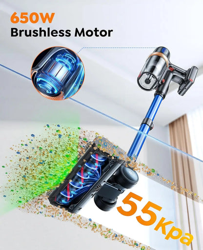 Upgraded Cordless Vacuum Cleaner 650W 55KPA 70Mins, Self-Standing with Mattress Tool for Pet Hair Floors Carpets