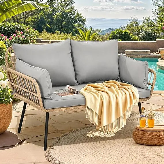 All-Weather Wicker Rattan Outdoor Patio Loveseat with Cushions and Lumbar Pillows, 2-Seater Sofa Set