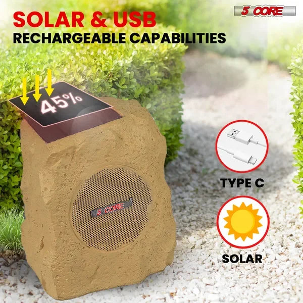 Rock Speaker Outdoor Waterproof Bluetooth Garden Speakers Solar & USB Charging RGB Colfor Patio Pool & Home