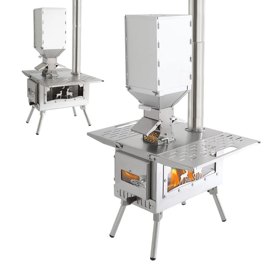 Pellet Stove Stainless Steel Portable Wood Burning Stove with Chimney Pipe Pellet Burner for Outdoor Cooking Hiking