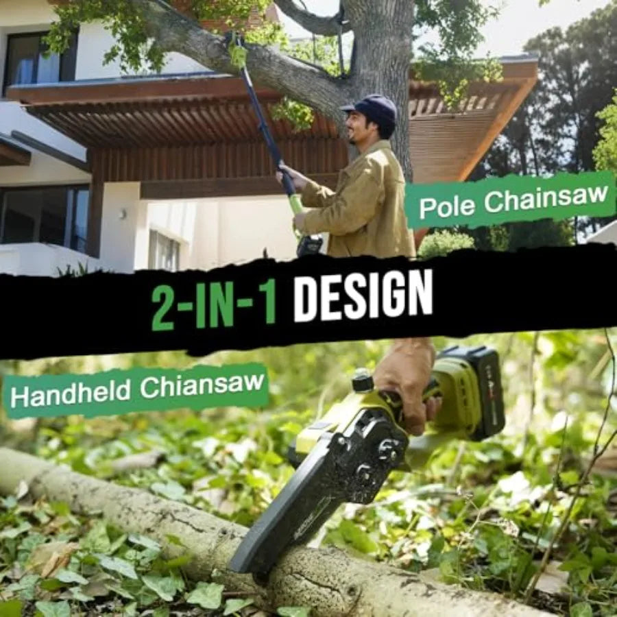 2-IN-1 Cordless Pole Saw and Mini Chainsaw Two 4.0Ah Battery Powered 6 Inch Electric Pole Chainsaw 15Ft MAX Reach Pole Saw for