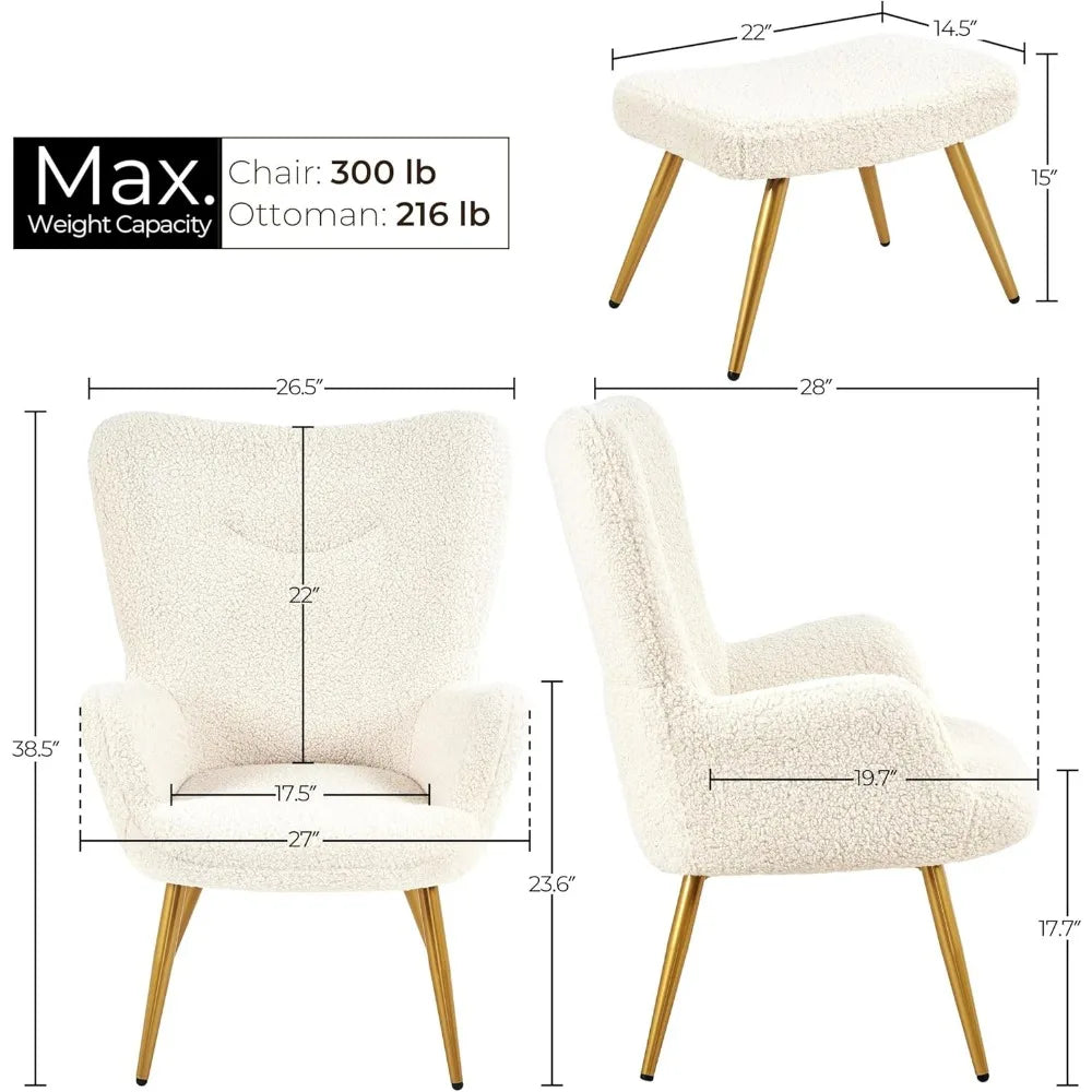 Boucle Accent Chair and Ottoman Set, Sherpa Armchair with Metal Legs, High Back Reading Chair and Footstool