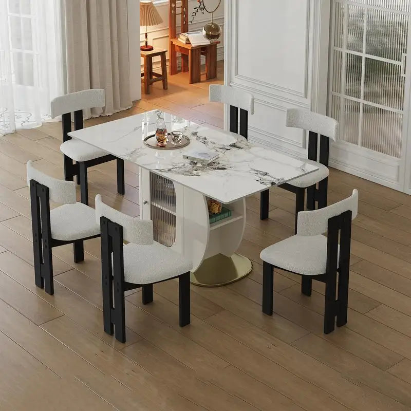 63-Inch Modern 4-6 Person Dining Table Set with Storage, Burnt Stone Top & Gold Wood Base, Includes 6 White Velvet Chairs for