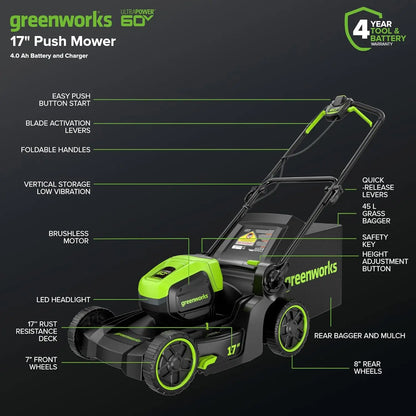 60V Cordless Lawn Mower with 17" Deck, 2-in-1 Mulching/Bagging, 4.0Ah Battery and Fast Charger for Up to 40 Min Runtime