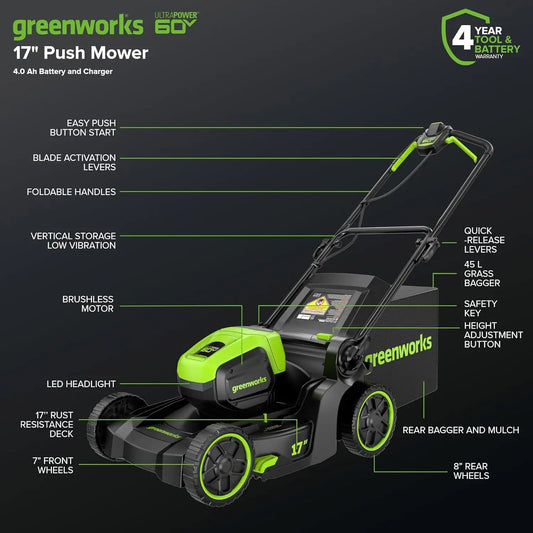 60V Cordless Lawn Mower with 17" Deck, 2-in-1 Mulching/Bagging, 4.0Ah Battery and Fast Charger for Up to 40 Min Runtime