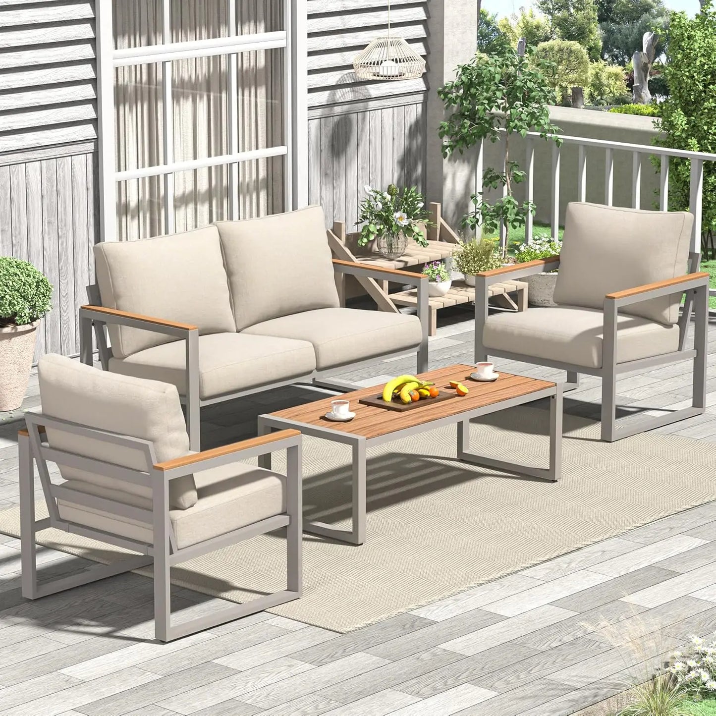 Patio Furniture Set, 4 Pieces Outdoor Patio Furniture with Coffee Table Set, Metal Patio Conversation Sets with Washable and Hig