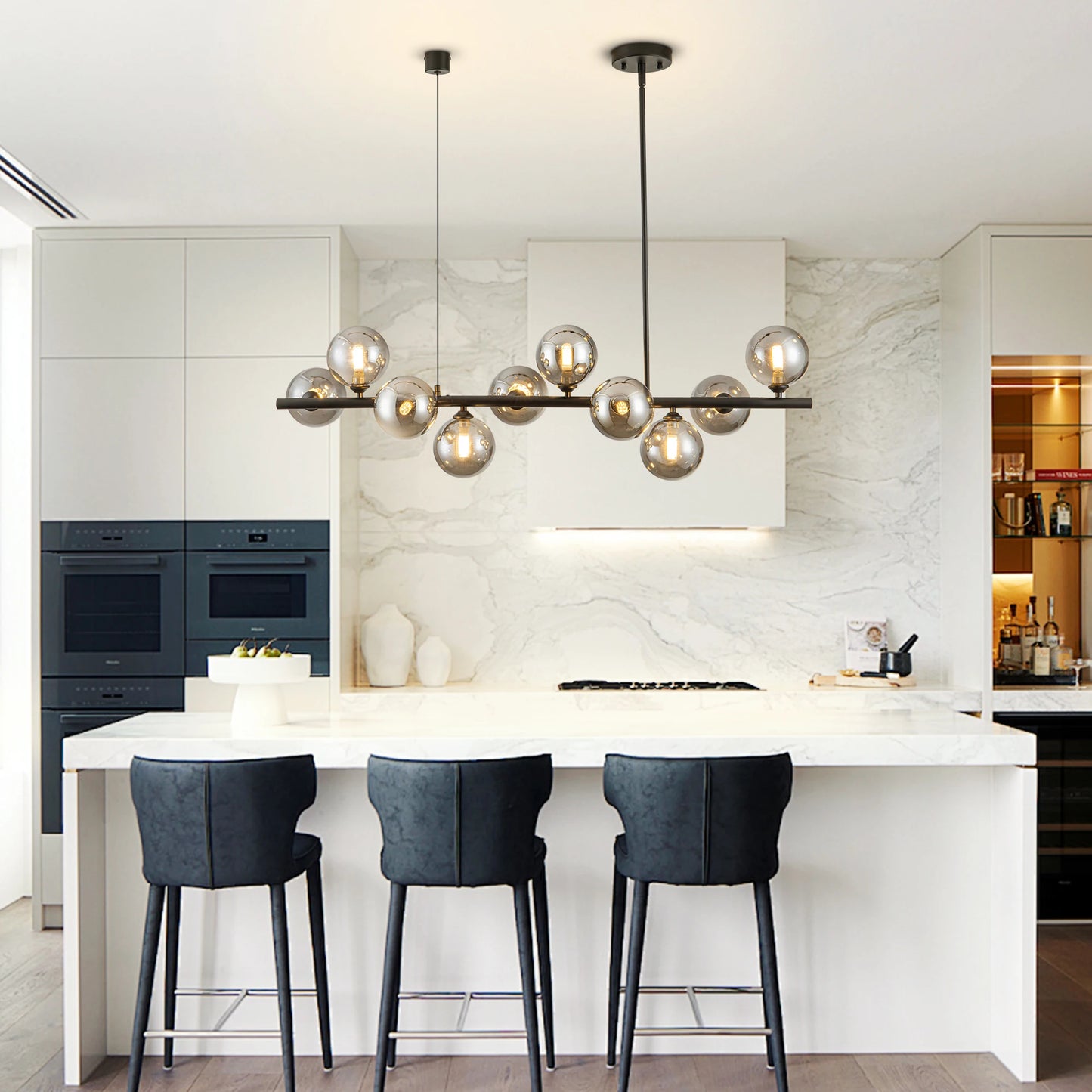 10-Light Matte Black Adjustable Chandelier with Smoked Glass Globe Shades Mid-Century Modern Style Pendant Light for Dining Room